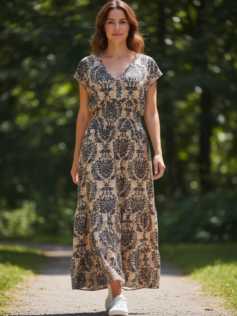 Tiered Maxi Dress Tan with Black & Dark Blue Damask Print Sz Large (runs small)